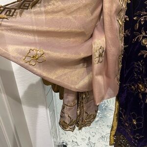Elegant Gold and Purple Embroidered Long Sleeve Dress